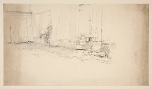 Skisse av et gårdstun, med en hest av Edwin Austin Abbey