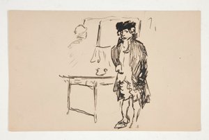Skisse av en mann i revolusjonær kjole ved siden av et bord av Edwin Austin Abbey