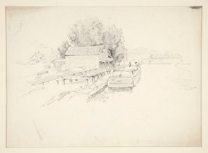 Skisse av en brygge, med fiskebåt og kaibutikk av Edwin Austin Abbey