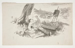 Skisse av en friluftsmaler som tar en lur under et tre - uidentifisert illustrasjon av Edwin Austin Abbey