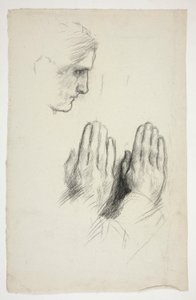 Skisse av en ung mann i profil; skisse av to sett med hender i bønn av Edwin Austin Abbey