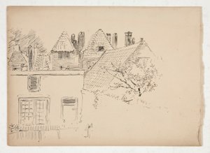 Skisse av et eksteriør: bygninger og tre av Edwin Austin Abbey