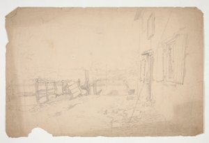 Skisse av et eksteriør av et landsted av Edwin Austin Abbey
