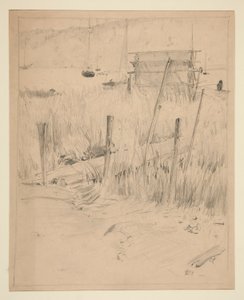 Skisse av en gammel brygge, med ugress som vokser opp rundt den av Edwin Austin Abbey