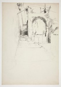 Skisse av en utendørs trapp (italiensk pergola, for bokillustrasjon) av Edwin Austin Abbey