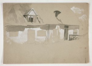 Skisse av eksteriør av en hytte av Edwin Austin Abbey
