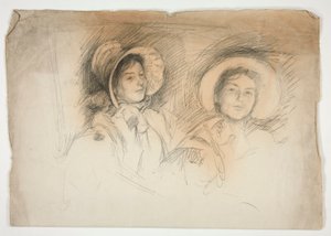 Skisse av to unge kvinner i panser (uidentifiserte sittere) av Edwin Austin Abbey