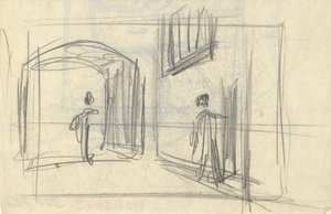 Gatebilde med figurer (recto); Arkitektstudie (verso) av Edwin Austin Abbey