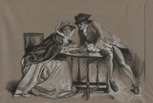 Studere. Lady og Gentleman i samtale over et bord av Edwin Austin Abbey