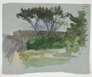 Studie av landskap med trær og steinmur av Edwin Austin Abbey