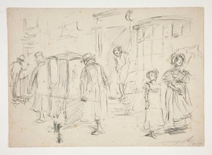 Studie av gatebilde med sedanstol. av Edwin Austin Abbey