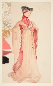Dronningen (i rosa), kostymeskisse for Henry Irving av Edwin Austin Abbey