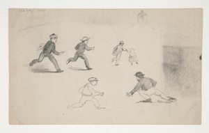 Tre studier (menn med hester, studie av hodet) (recto); Seks studier av løpende figurer, studie av et klokketårn (verso) av Edwin Austin Abbey