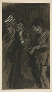 Tre menn, studerer for Taming of the Shrew (?) av Edwin Austin Abbey