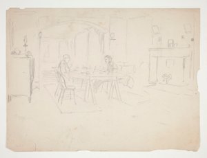 To menn til bords i et interiør av Edwin Austin Abbey