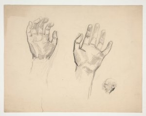 To skisser: skisse av to hender; skisse av en gammel mann i profil av Edwin Austin Abbey
