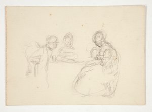Uidentifisert illustrasjon - Studie av figurer ved et bord. Sittende mann på revers. av Edwin Austin Abbey