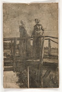 Uten tittel tregravering av E.A. Kloster (?) av to damer på en gangbro av tre - illustrasjon for William Black av Edwin Austin Abbey