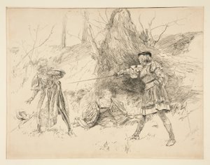 Valentine redder Sylvia, fra Act V, Scene iv, Two Gentlemen of Verona av Edwin Austin Abbey