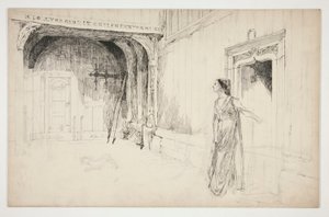 Kvinne og hund i et interiør - (uidentifisert illustrasjon for et skuespill?) av Edwin Austin Abbey