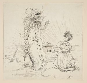 Kvinne og slange på stranden, skisse for The Lay of the Lobster av Edwin Austin Abbey
