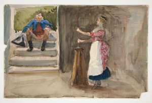 Kvinne som kjerner smør, mann i revolusjonær kjole ser på - (uidentifisert illustrasjon) av Edwin Austin Abbey