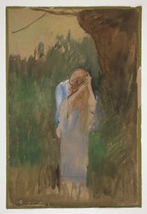 Kvinne i landskap, gre det lange, blonde håret sitt - (uidentifisert illustrasjon) av Edwin Austin Abbey