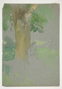 Kvinne sitter under et tre og leser av Edwin Austin Abbey
