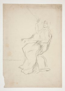 Kvinne sitter i stol (recto); To uidentifiserte arkitektoniske skisser (verso) av Edwin Austin Abbey