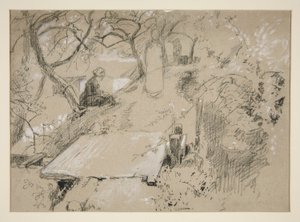 Kvinne sitter på benk i en hage eller offentlig park - uidentifisert illustrasjon av Edwin Austin Abbey