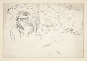 Kvinne sitter i hagen - uidentifisert illustrasjon av Edwin Austin Abbey