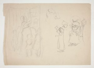 Kvinne med barn og tegneserie - uidentifisert illustrasjon av Edwin Austin Abbey