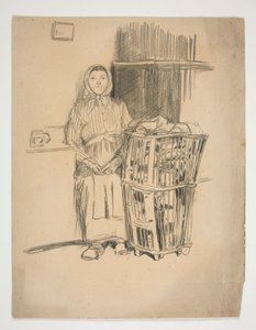 Kvinne med skittentøyskurv(?) - uidentifisert illustrasjon av Edwin Austin Abbey