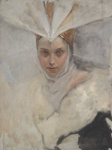 Kvinne med fiskeørnhodeplagg og hvit pelskrage, 1897 av Edwin Austin Abbey