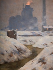 Ovn og snø, landskap (olje på lerret)