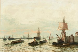 Lektere på Themsen (olje på lerret) av Edwin Henry Eugene Fletcher