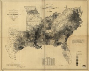 Kart som viser fordelingen av slavebefolkningen i sørstatene i USA, satt sammen fra folketellingen i 1860 av Edwin Hergesheimer