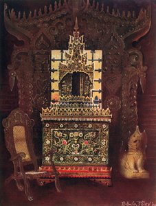 Asiatiske møbler fra samlingen til Lord Curzon fra Kedleston, G.C.S.I., D.C.L., etc. Burmesisk utskåret og forgylt døråpning fra Mandalay. Buddhistisk manuskriptboks (Poongyi) og helligdom (Sadaik) av Wood E