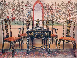 Svart lakk sofa, stoler og bord, rød lakk speil. Tapet på Wotton-under-Edge av Edwin John Foley