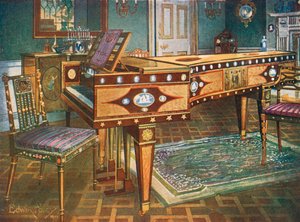 Dekorative møbler fra slutten av det attende århundre. Satinwood og mahogni innlagt Pianoforte, med Wedgwood-plaketter, Ormolu-fester, panel og stjerner, presentert av Manuel Godoy til dronningen av Spania i 1796.