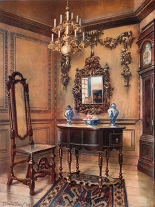 Panel, med Grinling Gibbon Carvings. Speilramme, valnøttbord, William og Mary. Walnut Chair, Charles Wesleys Walnut High-Case-klokke