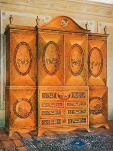 Satinwood garderobe, innlagt med tulipanved, hareved, kristtorn, ibenholt, mahogni og andre tresorter