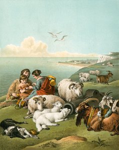 Barn som leker med sauer og geiter på hvite klipper av Edwin Landseer
