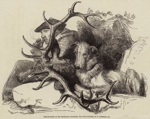Hjort-forfølger i høylandet, ser på kroppen av Edwin Landseer