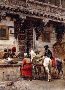 Håndverker som selger kofferter ved en teak-bygning, Ahmedabad, ca. 1885 av Edwin Lord Weeks