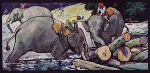 Elefanter som håndterer tømmerstokker i elven (farge litho) av Edwin Noble