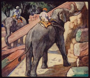 Elefanter hoper seg teak (farge litho) av Edwin Noble