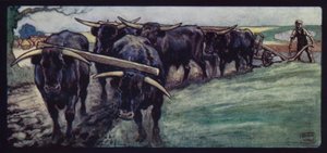 Okser som pløyer på Sussex Downs (farge litho)