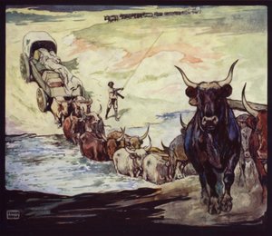 Okser krysser elven i Sør-Afrika (farge litho)