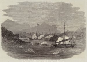 Båter av HM Gun-Boat Flamer ødelegger kinesisk piratskrot i Cho-Kee Bay